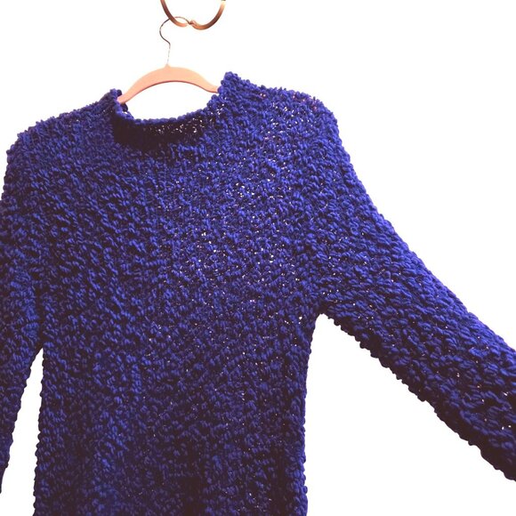 Eileen Fisher Blue Violet Nubby Italian Wool Blend Funnel Mock Neck Sweater L - Picture 7 of 11